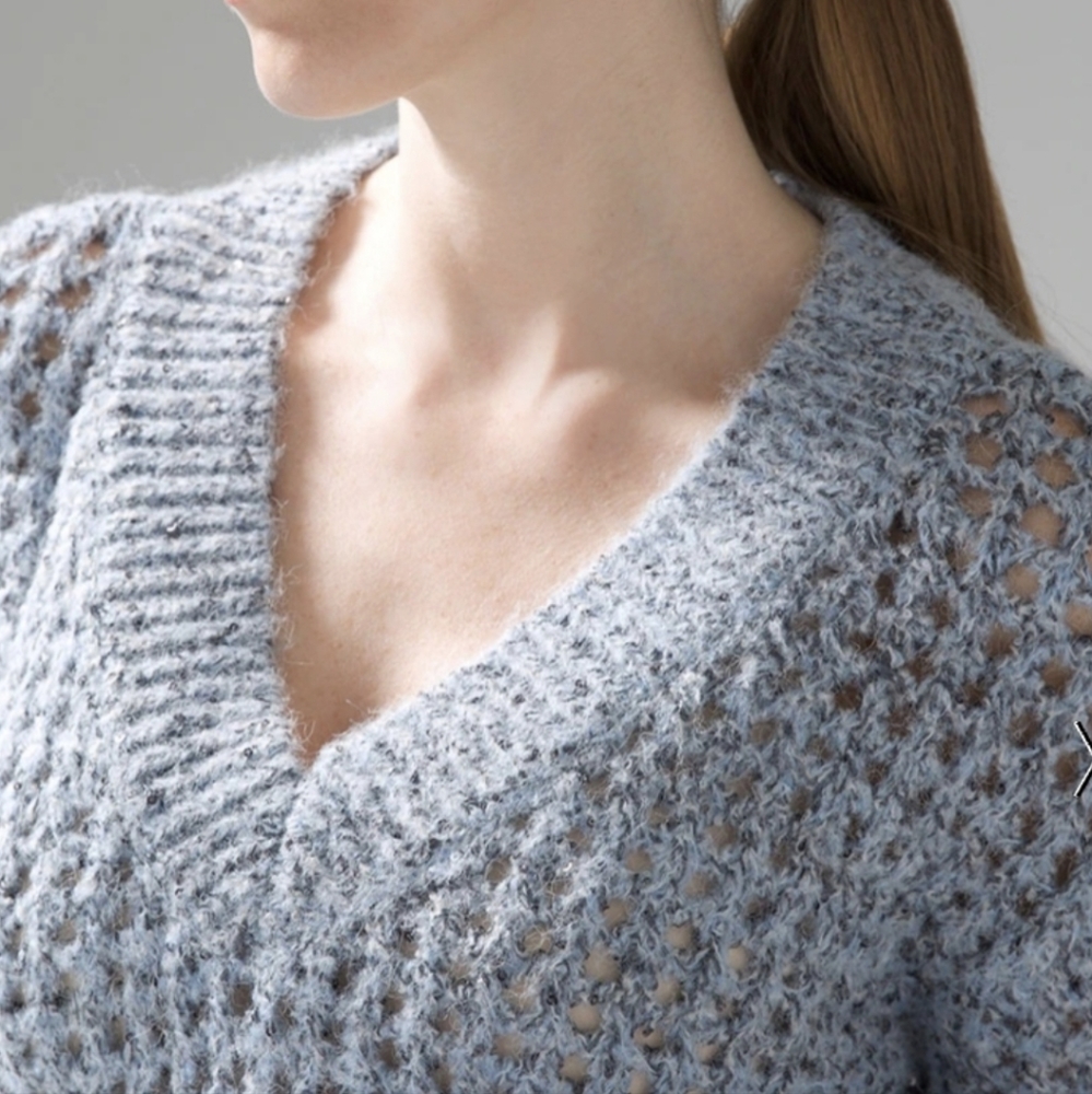 Nib Whbm Open Weave V Neck Sequin Sweater - image 2